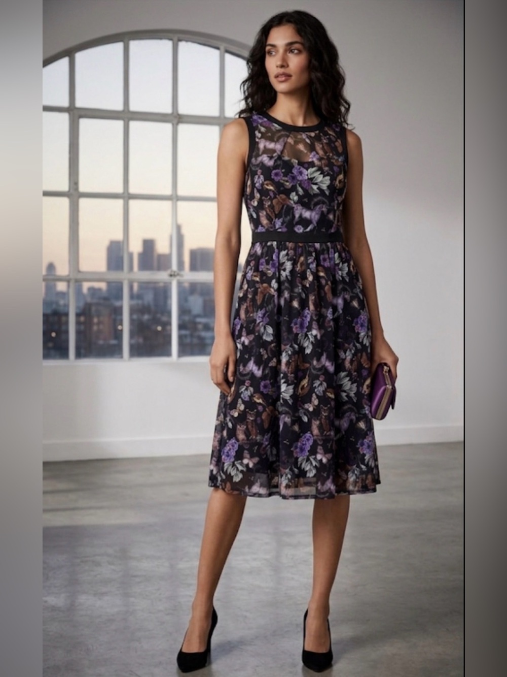 Floral Mesh Midi Dress in Black and Purple